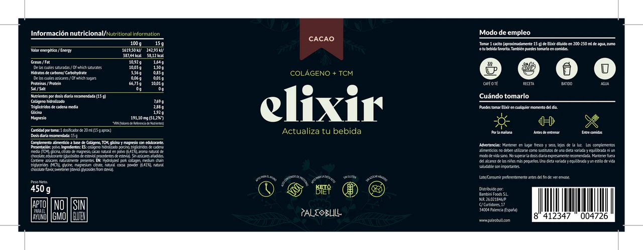 ELIXIR CACAO - Colágeno + Aceite TCM - 450g
