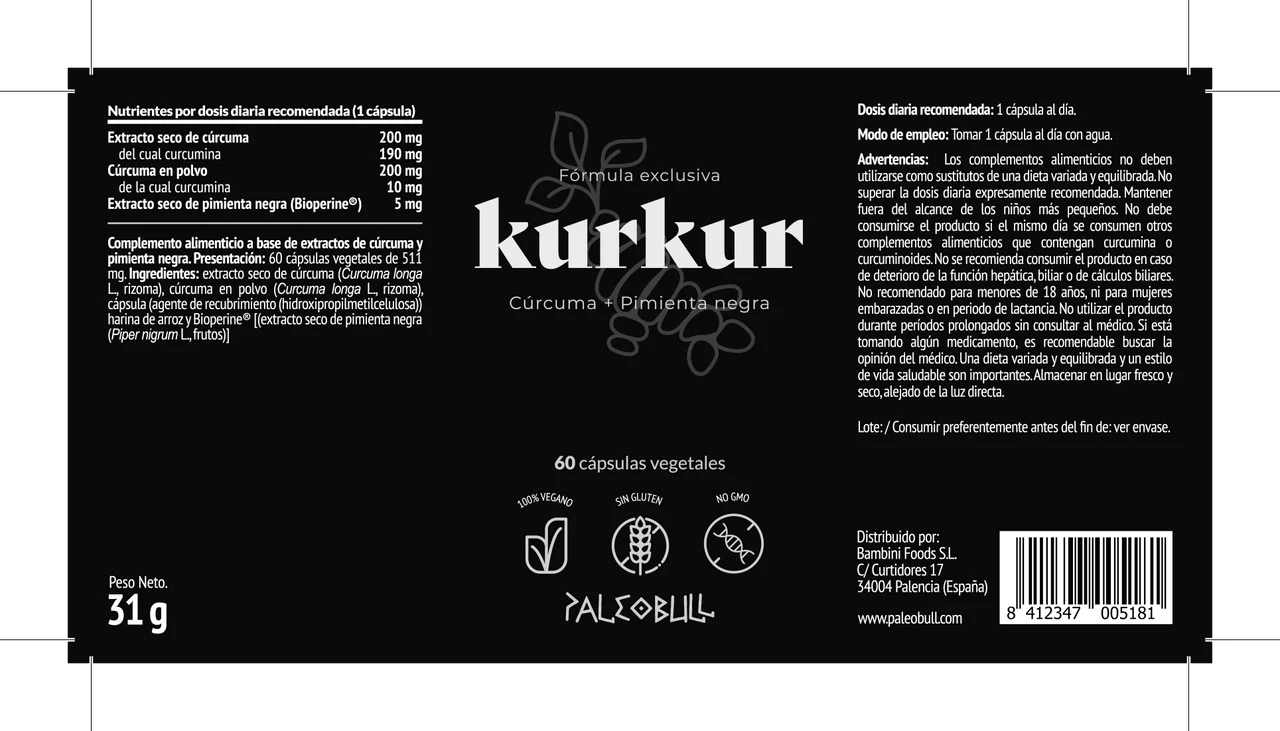 KURKUR - Cúrcuma + Pimienta Negra - 60 cápsulas