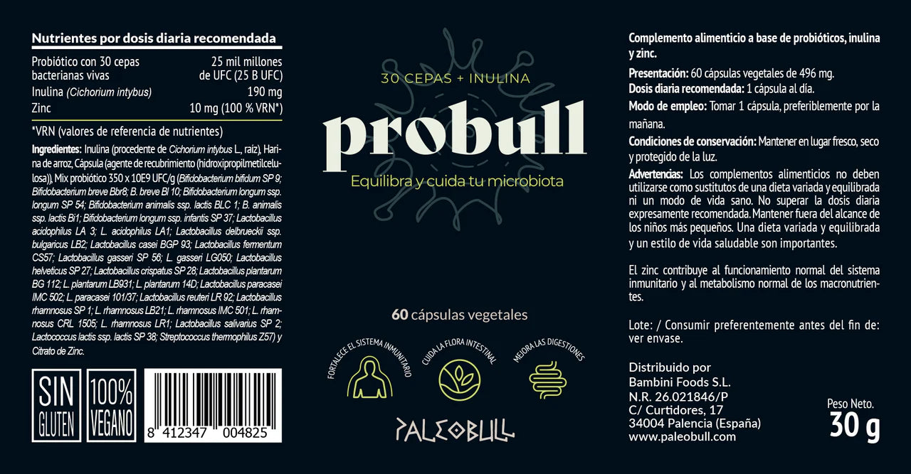 PROBULL - Probiótico de 30 cepas - 60 cápsulas