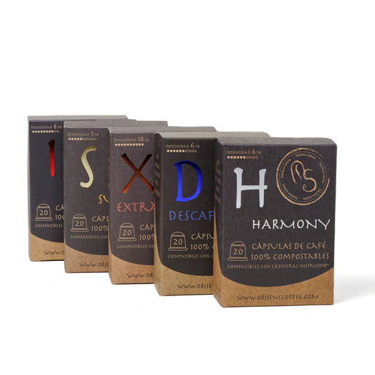 Pack Degustación de Cápsulas compatibles con Nespresso  - 100% compostables - 5 x 20 unidades